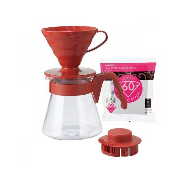 Hario Cafetière filtre V60-02 : compte-gouttes + bocal/serveur en verre + papiers filtres + cuillère doseuse rouge